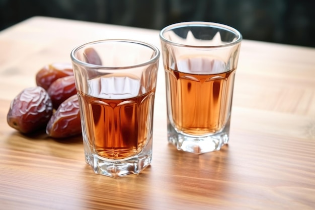 Deux tasses d'eau et des dates disposées symétriquement sur une table