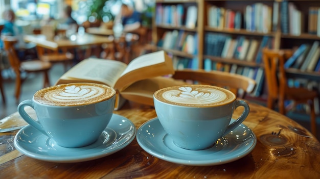 Deux tasses de latte artistique sur une table en bois dans un café confortable avec des étagères floues dans le