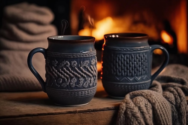 Deux tasses près d'une cheminée avec une couverture sur la table.