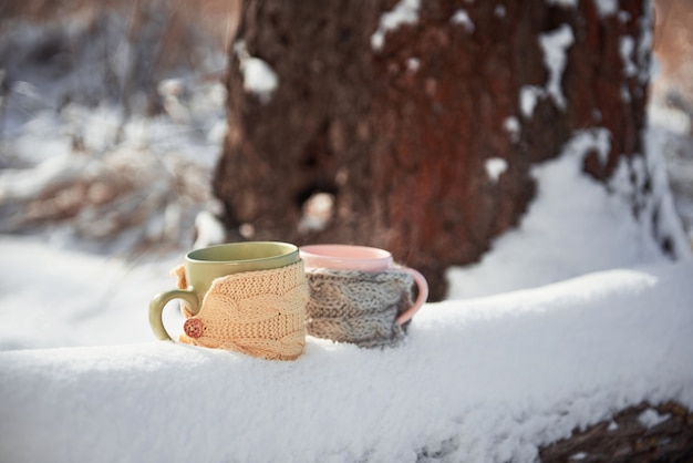 Deux tasses de thé sur fond d'un paysage d'hiver