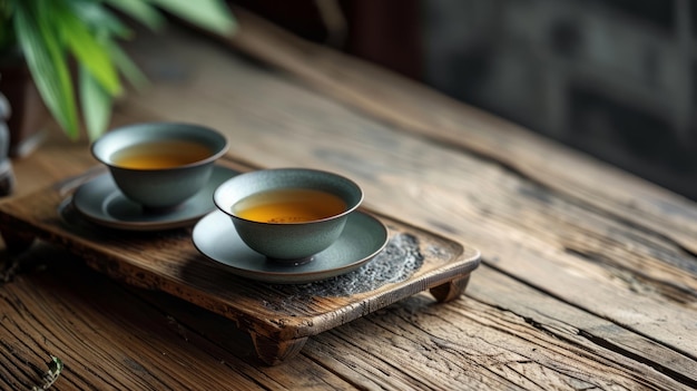 Deux tasses de thé sur un plateau en bois posé sur une table