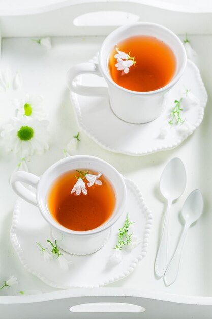 Deux tasses de thé servies sur un plateau blanc avec des fleurs