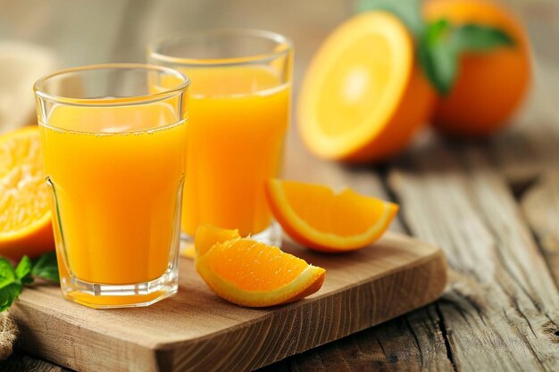 Deux tasses de verre de jus d'orange frais sur une planche en bois