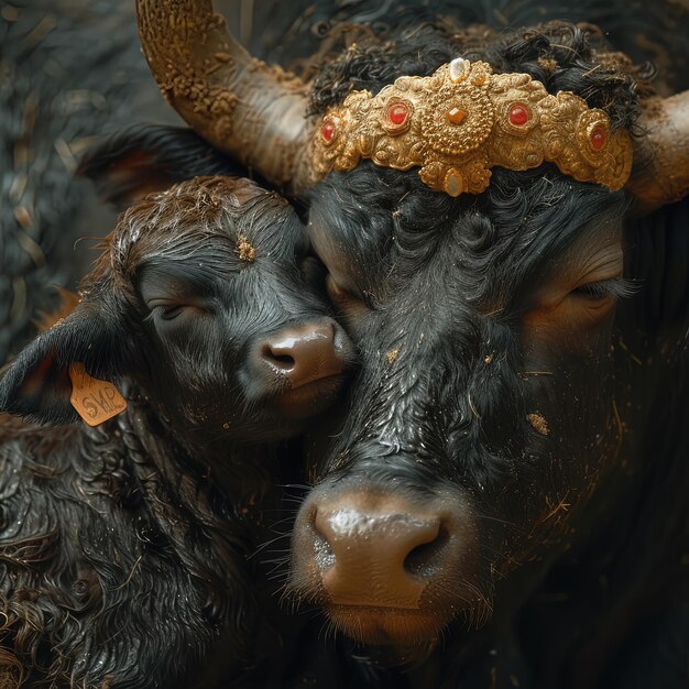 deux taureaux avec des cornes et une couronne d'or sur leurs têtes