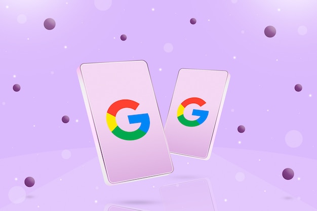 Deux téléphones avec l'icône du logo google sur les écrans et les balles autour de la 3d