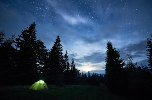 Deux tentes de camp en forêt sous un beau ciel nocturne