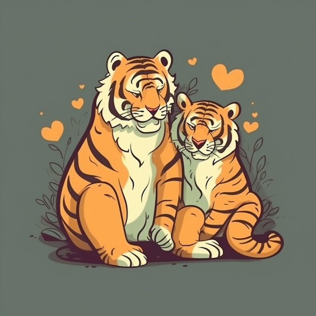Photo deux tigres assis l'un à côté de l'autre avec des cœurs à l'arrière-plan