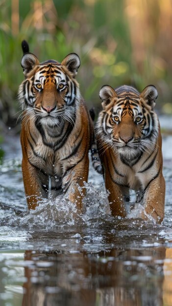 Deux tigres qui marchent dans l'eau