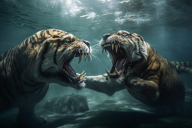 Deux tigres se battent dans l'eau la gueule grande ouverte.