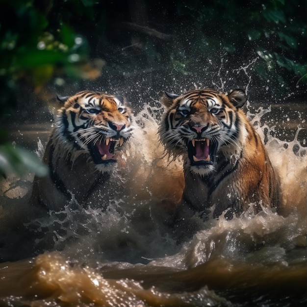 Deux tigres se battent dans l'eau