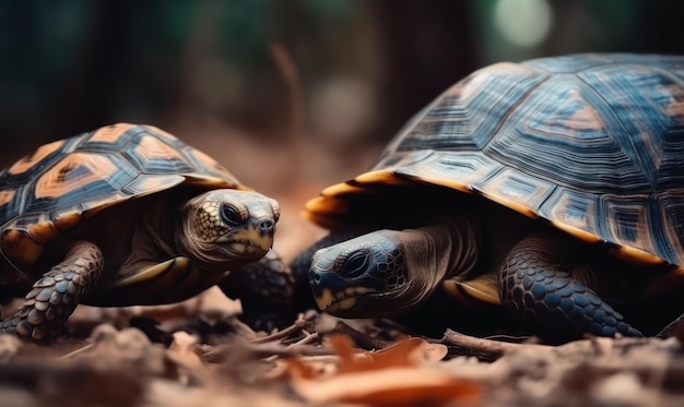 Deux tortues sur un sol forestier