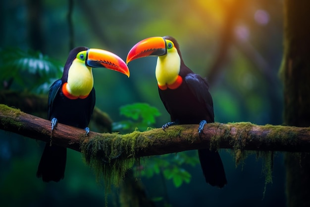 Photo deux toucan assis sur la branche dans la forêt photographie à la lumière douce