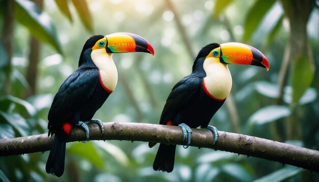 Photo deux toucans assis sur une branche d'arbre dans l'environnement naturel de la forêt tropicale générée par l'ia