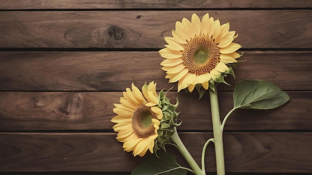 Deux tournesols frais sur un fond de planche de bois