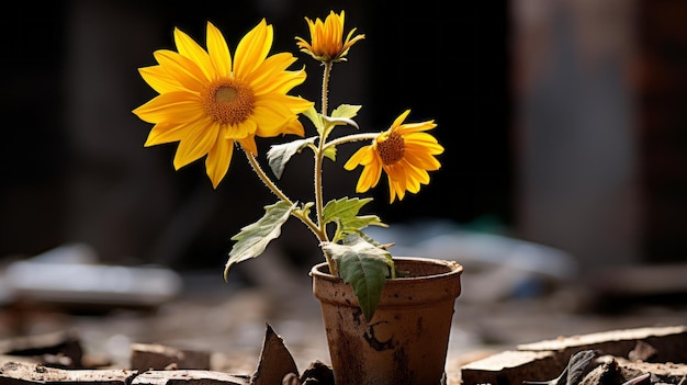 Photo deux tournesols poussant dans un pot au sol