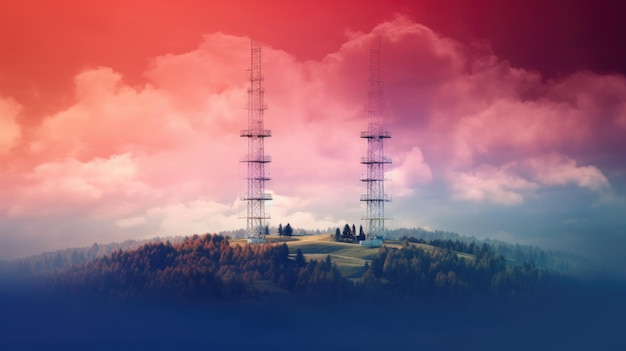 deux tours de radio au sommet d'une colline sous un ciel nuageux