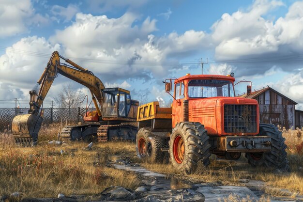 Deux tracteurs à roues lourdes, une excavatrice et d'autres machines de construction