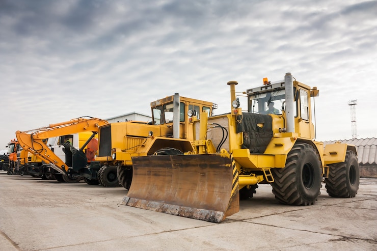 Photo deux tracteurs à roues lourds une excavatrice et d'autres machines de construction