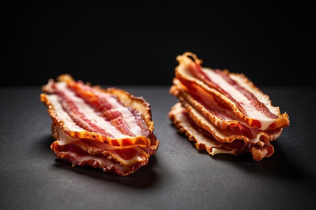 Photo deux tranches de bacon sur fond noir.