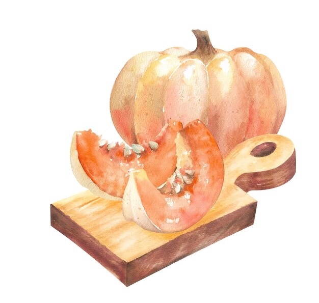 Deux tranches avec des graines et une citrouille entière sur une planche à couper illustration dessinée à la main sur blanc