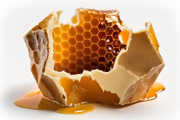 Deux tranches de nid d'abeilles fraîches dans une flaque de miel avec des feuilles de menthe Miel dégoulinant d'une cuillère à miel