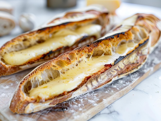 Deux tranches de pain avec du fromage et du beurre.