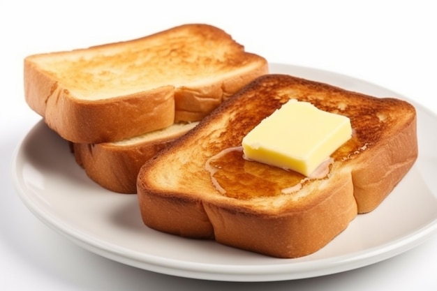 Deux tranches de pain grillé avec du beurre sur le dessus et une noisette de beurre sur le dessus.