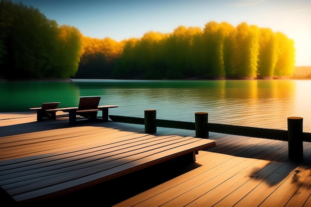 Deux transats vides et lumineux sur une jetée en bois au bord de la rivière Concept de tourisme et de loisirs