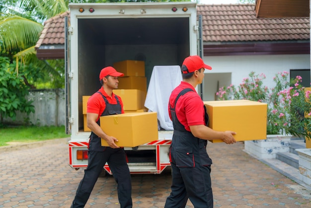 Deux travailleurs du transport déchargent des boîtes afin de déménager dans une nouvelle maison pour les clients xA