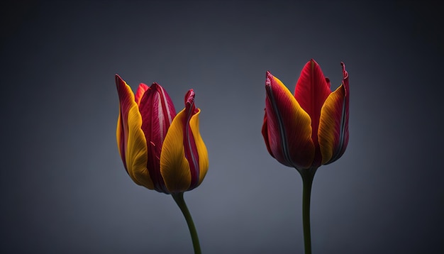 Deux tulipes sont photographiées sur un fond sombre.