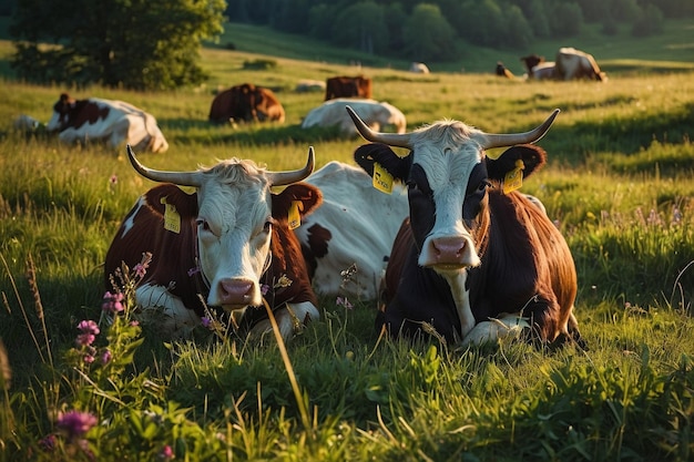 Photo deux vaches étendues dans un champ avec une avec une étiquette dans l'oreille