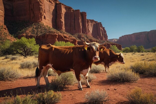 deux vaches marchent dans un désert avec une vache sur le dos