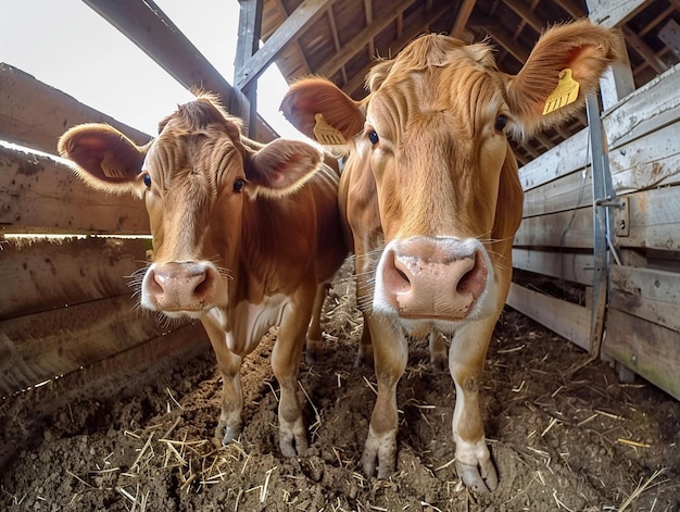 deux vaches sont debout dans une grange avec un regardant la caméra