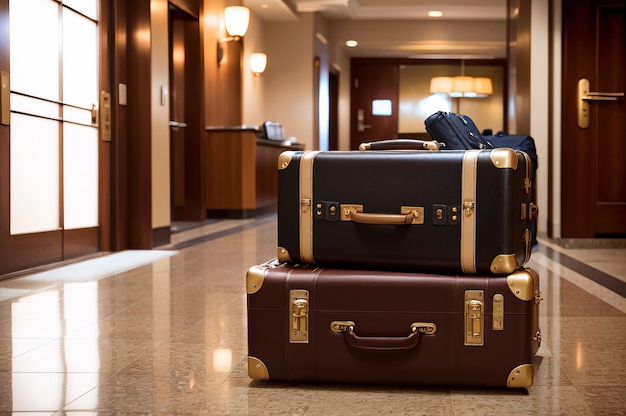 Deux valises dans le hall d'un hôtel, dont l'une porte la mention "l'hôtel"