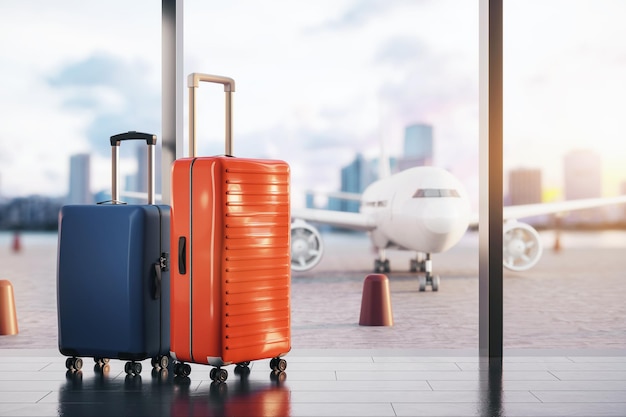 Deux valises dans un terminal d'aéroport avec un avion en arrière-plan transmettant un concept de voyage et d'aventure léger 3D Rendering