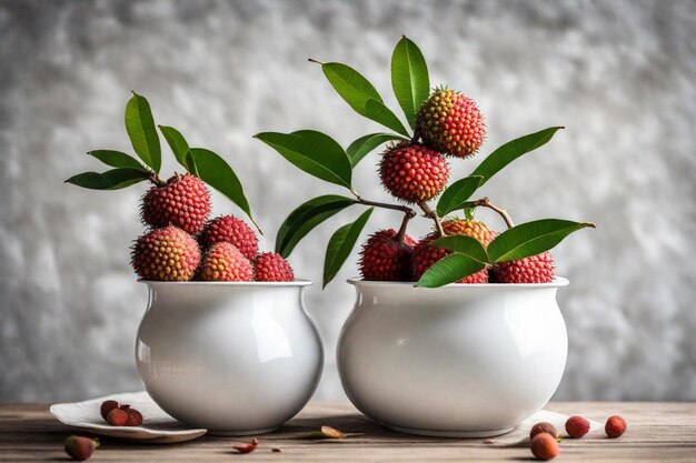 deux vases blancs avec des baies sur eux dont l'un est un fruit