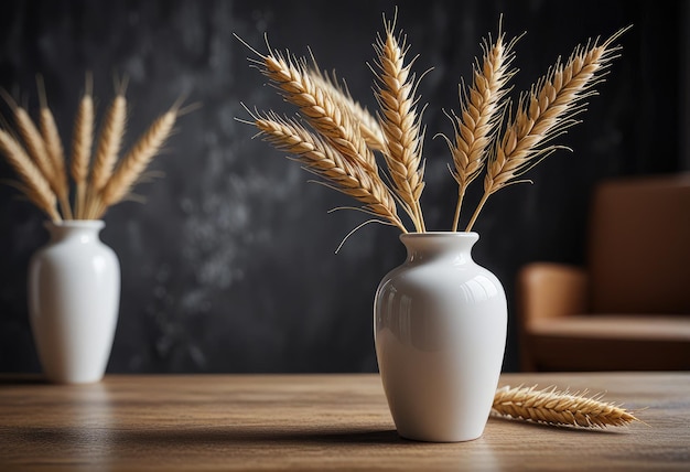 deux vases avec des épis de blé sur une table et l'un d'eux a un fond noir