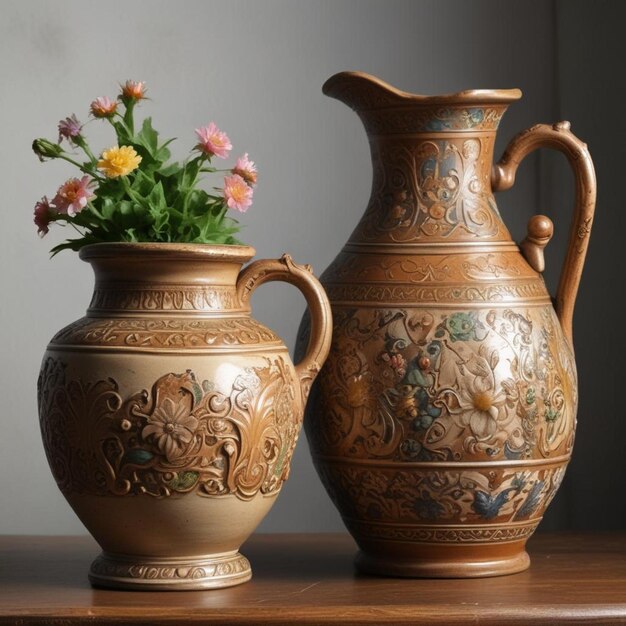 deux vases avec des fleurs et l'un a une image d'un cheval dessus