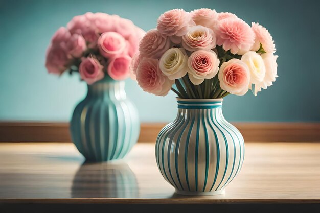 Photo deux vases à fleurs roses et blanches sur une table.