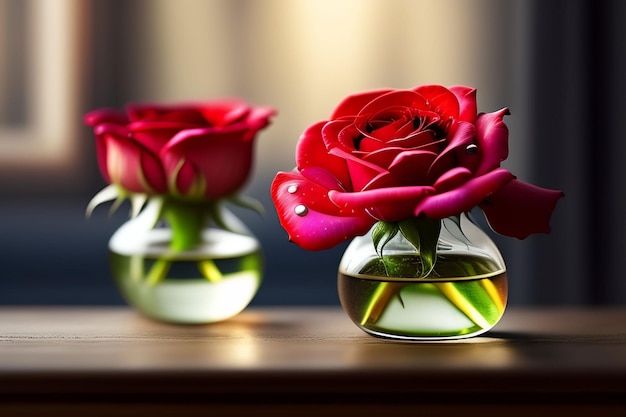 Deux vases de roses sont posés sur une table dont un qui dit " love ".