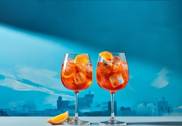 Deux verres d'aperol spritz à l'orange sur fond bleu