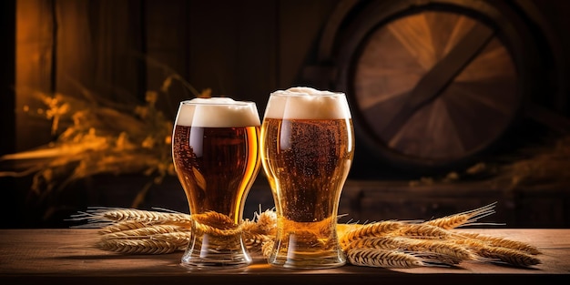 Deux verres de bière et un baril de bière avec du blé sur une table en bois