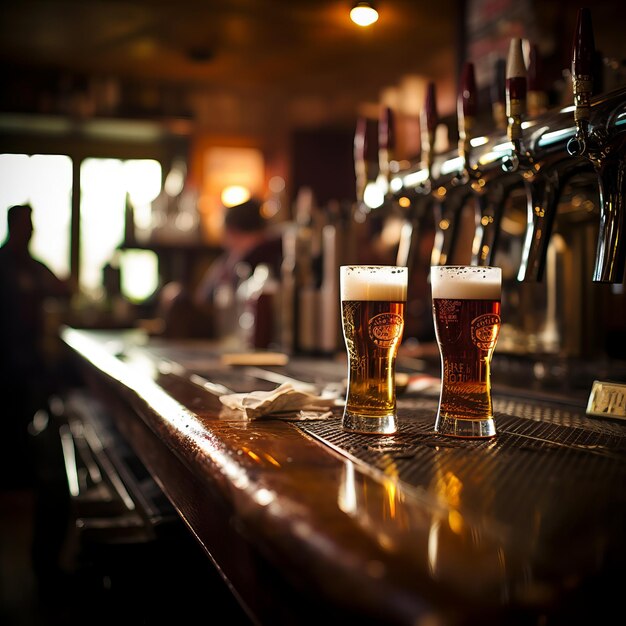 Photo deux verres de bière sur un comptoir de bar