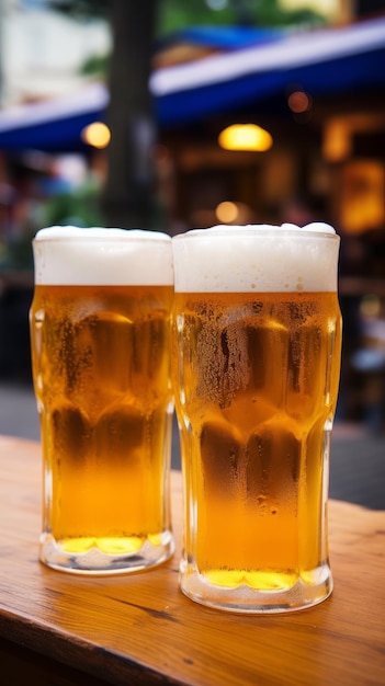 Deux verres de bière sur une table en bois dans un pub ou un restaurant
