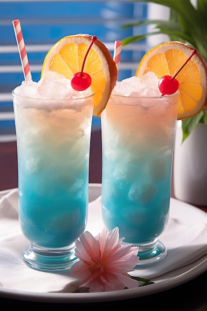 Deux verres de boisson bleu et orange sur une assiette