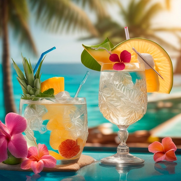 deux verres avec des boissons à base de fruits et de fleurs exotiques