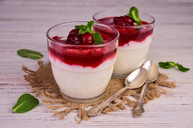 Deux verres de boudin blanc avec une cerise sur le dessus