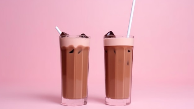 Deux verres de café glacé avec une paille sur fond rose.