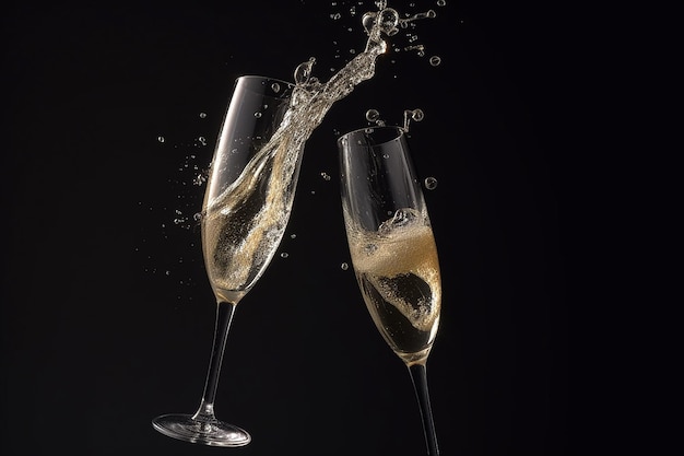 Deux verres de champagne avec des bulles sur fond noir