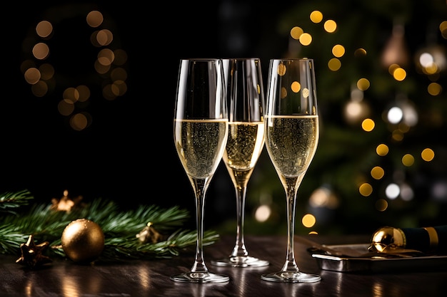 Deux verres de champagne devant un arbre de Noël